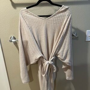 Beige Ribbed Knit Tie-Front Sweater dress
